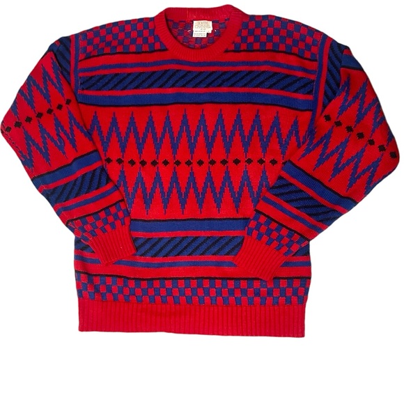 Vtg 80s Streetwear Mens L Knit Sweater Red Blue Purple Crewneck Geometric Print - Picture 1 of 11